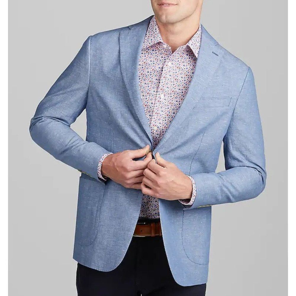 48R JOS A BANK 1905 Collection Chambray Sportcoat Blazer Linen Cotton Blue